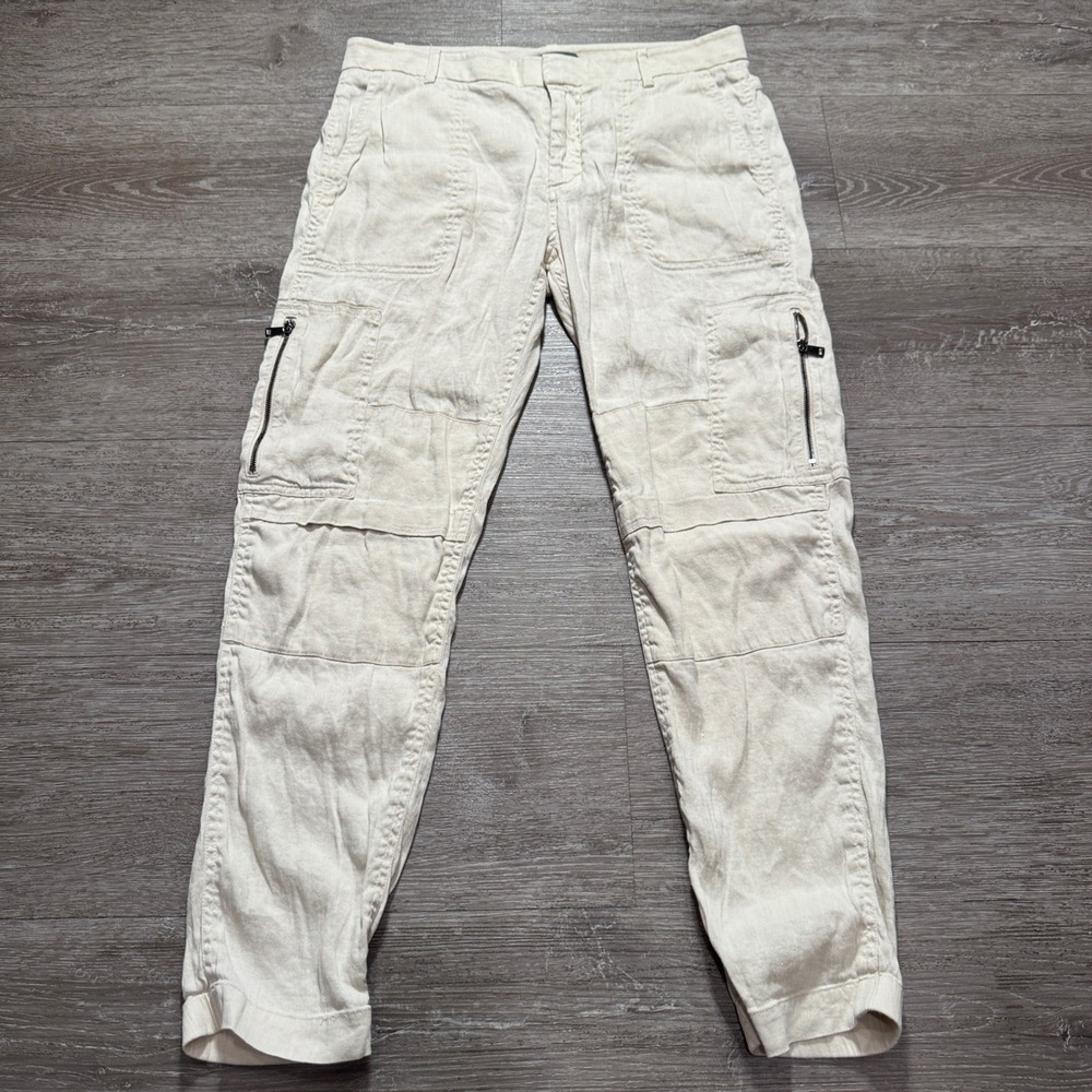 Vince Cargo Pants Women 6 Beige Linen Blend Zipper Pockets Summer Costal Beach